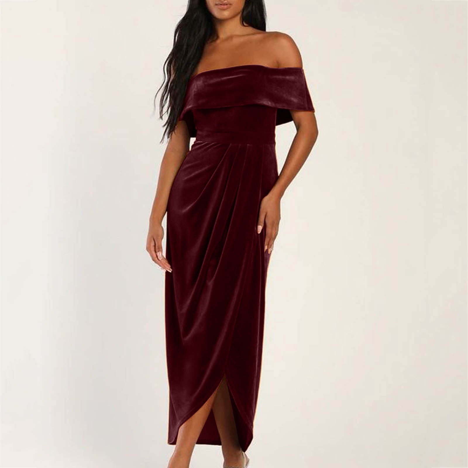 thumbnail image 5 of Vestido de terciopelo con un hombro al descubierto para mujer - Poliéster y spandex, elegante para la noche y la playa, 5 of 8